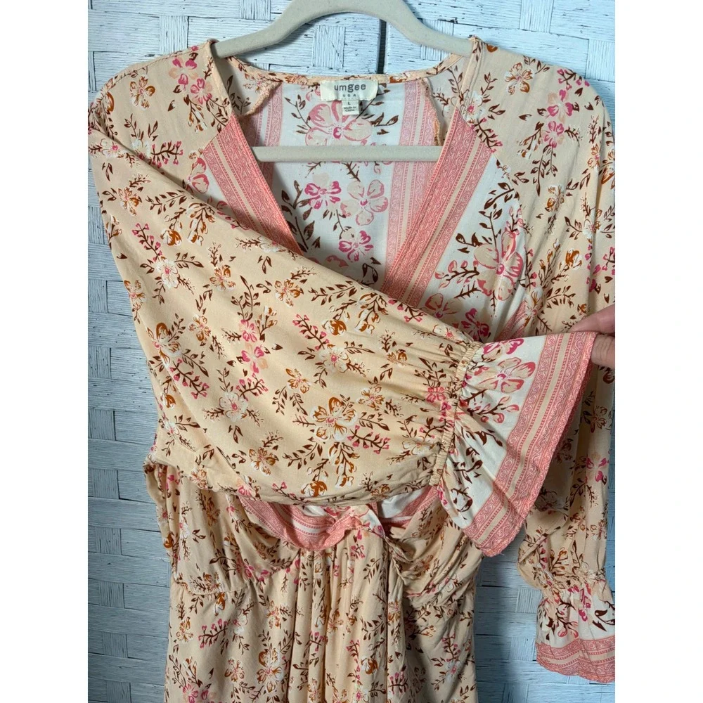 Umgee Womens Mini Dress Boho Floral V-Neck Peach Pink Ruffle Bell Sleeve C2532 - Picture 3 of 9
